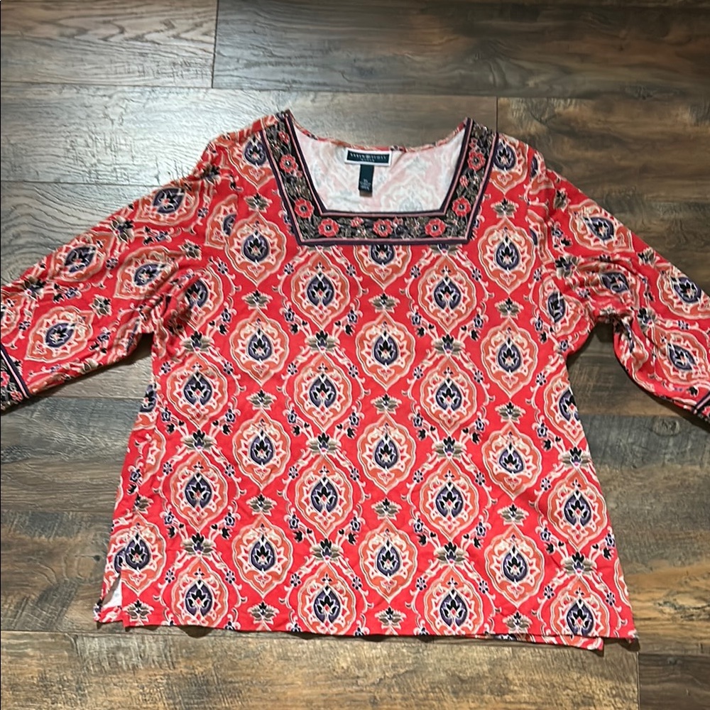 Macy’s Karen Scott Square Neck 3/4 Length sleeve Patterned Knit top Size 3X